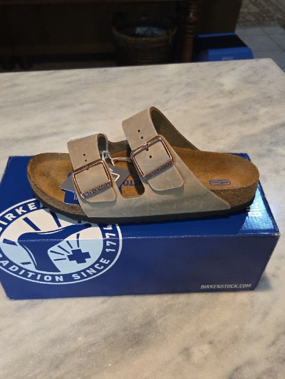 Birkenstock Arizona Soft Footbed Leather  Suede Two-Strap Sandal - Taupe